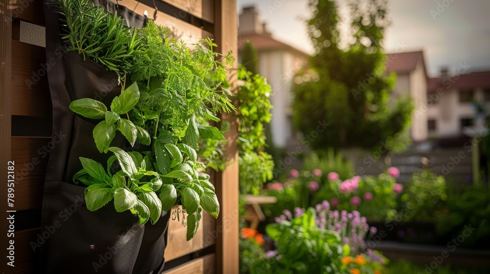 Balcony herb garden concept. Modern vertical lush herb garden planter bags hanging on city apartment balcony wall, with planter boxes pots of mint, rosemary thyme growing in urban, Generative AI