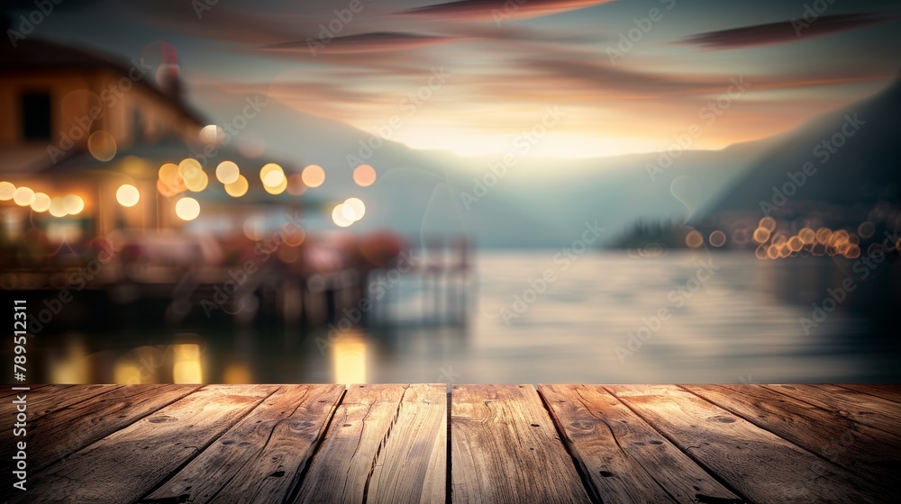 Empty wooden table top with blurred lakeside cafe on a gorgeous Italian lake in the evening. vacation concept. for mounting your product. digital art
