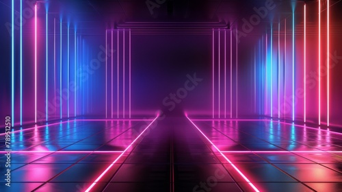 Neon dark stage shows empty room: neon light, spotlights, dark blue, purple, pink background - dance floor for product display in studio, backdrop for photo shooting. Generative AI.