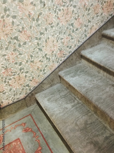 Vintage Staircase With Floral Wallpaper and Carpet photo