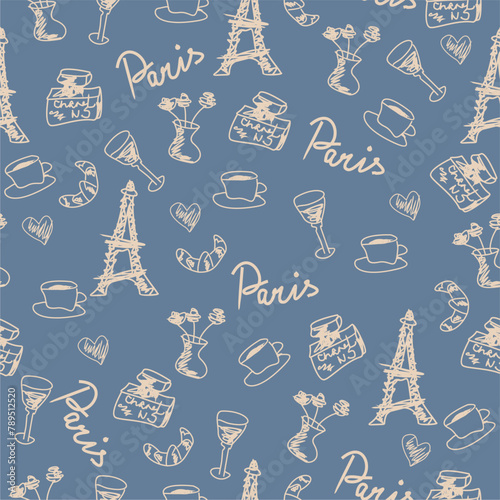 Seamless pattern wallpaper background print with France objects decor for textile paper 