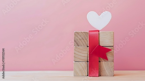 uncompleted red ribbon icon in white heart shape on wooden cube blocks with sweet pink background photo