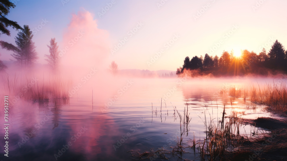 At dawn, fog over a lake in the mountains. Beautiful landscape, picture, phone screensaver, copy space, advertising, travel agency, tourism, solitude with nature, without people
