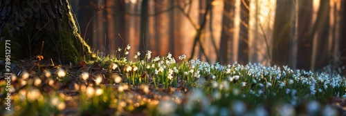 Leucojum vernum (spring snowflake) in spring forest, Czech Republic, Europe, panorama, spring, meadow, forest in spring  photo
