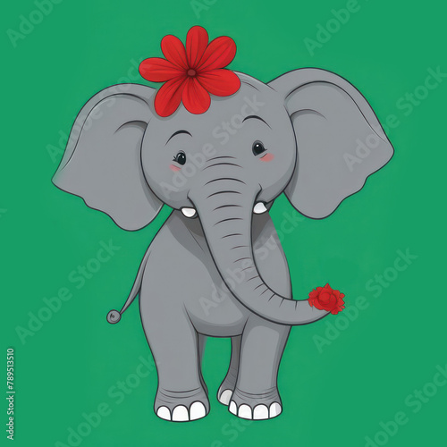 Elephant on a green background with a red flower. Illustration for design.