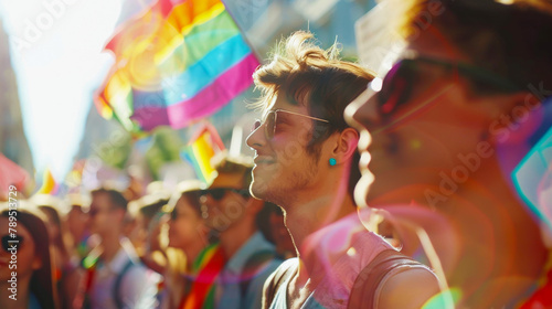 Rainbow Flags and Banners Frame Transgender Face at LGBT Pride Event 