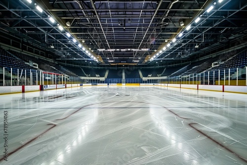 empty hockey ice rink in large sports arena wide angle photo