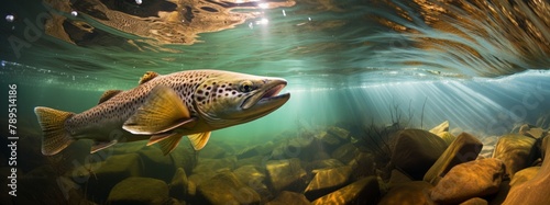 Underwater photo of The Brown Trout (Salmo Trutta) in a mountain lake. Close up with shallow DOF. photo