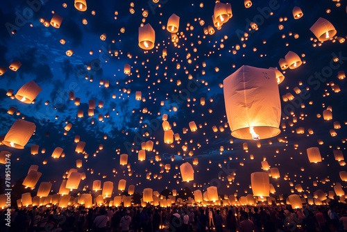 Asian people releasing Chiang Mai lanterns into the sky, making a breathtaking spectacular view at the Night Sky Lantern Festival.