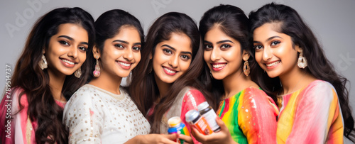 15-Year-Old Indian Girls in Rainbow Swimwear Holding Skincare Product 