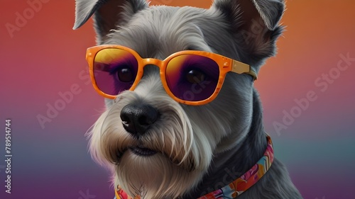 Illustration of a cute gray fluffy dog schnauzer wearing sunglasses and a colorful shirt on a light gradient background. Generative AI