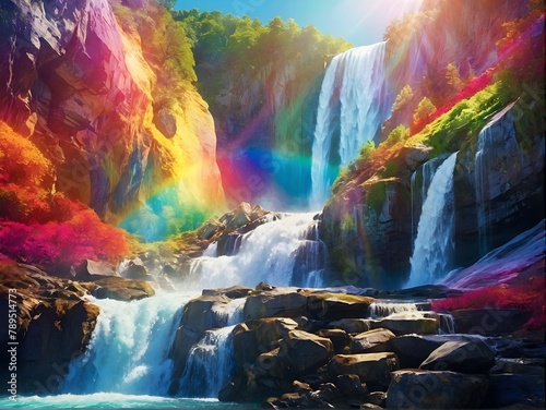 Waterfall cascades as rainbow decorates sky, flowers bloom in foreground photo