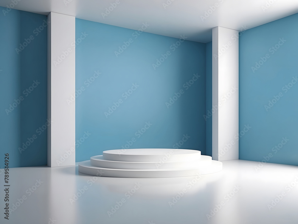 Fototapeta premium 3d render, abstract background design, empty room with blue wall and white podium design.