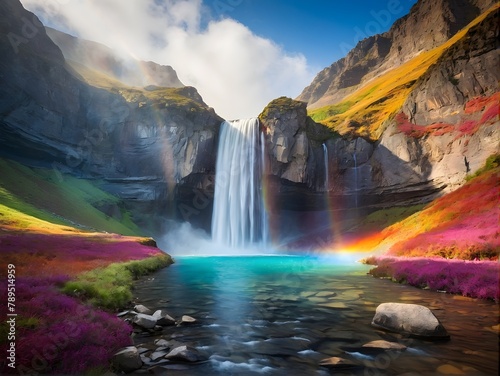 Waterfall cascades as rainbow decorates sky  flowers bloom in foreground