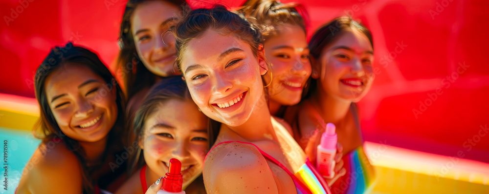 Fototapeta premium 15-Year-Old Girls Smiling in Rainbow Swimwear Near Swimming Pool 