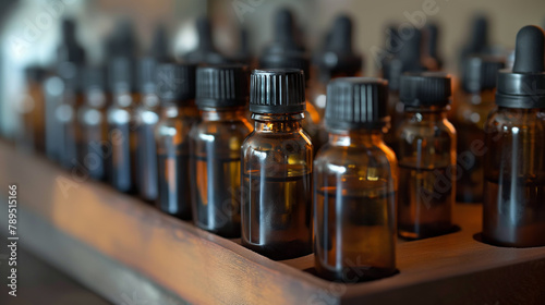 Several brown bottles of aromatherapy essential oil or herbal tinctures in a wooden kit box, cloxe up