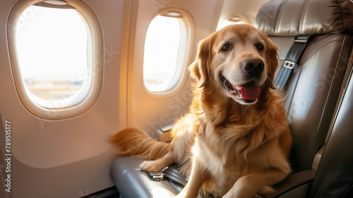 Cute golden retriever dog sitting on a passenger seat in a commmercial airplane near the window, flying for holiday