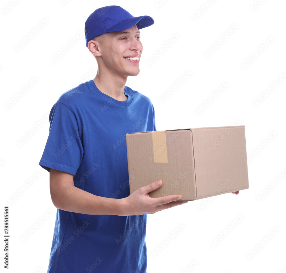 Happy courier with parcel on white background Happy courier with parcel on white background
