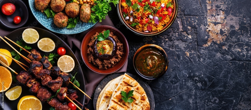 Middle Eastern or Arabic cuisine and a variety of appetizers on a dark backdrop. Grilled meat skewers, falafel, roasted eggplant dip, chickpea dip, vegetable rice, savory pastries,