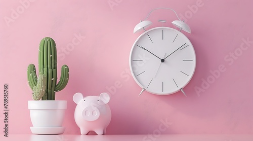 White clock and piggy bank cactus on pink pastel background