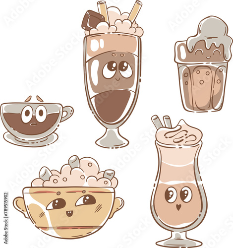 set of illustrations vector cup of coffee glass with drink cappuccino latte espresso mochaccino mochiato glace coffee cocktail