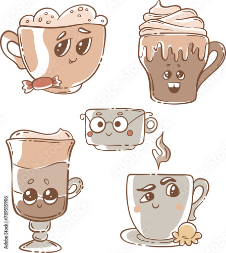 set of illustrations vector cup of coffee glass with drink cappuccino latte espresso mochaccino mochiato glace coffee cocktail photo