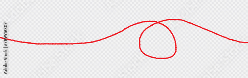 a red silk thread looped in a circle form, extending on both ends, symbolizing the red thread of fate in chinese tradition, on a pure white background with copy space.Line of red yarn, long red thread