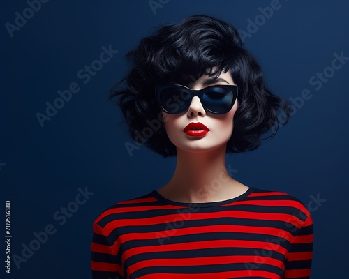 Trendy minimalistic character in navy stripes, dark hair, eyewear on, lips red, coffee cup on the side , high resolution
