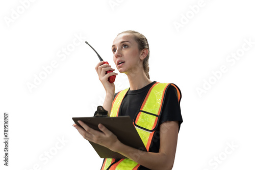 Female worker holding clipboard during working on transparent background. Female engineer working on transparent background