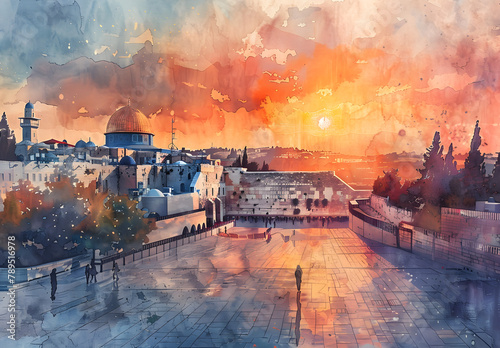 The Wailing Wall in Jerusalem, Israel, with watercolor buildings and a sunset sky in the backdrop - popular tourist cities, tourism, watercolor style #789516978