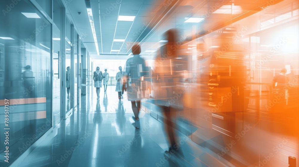 Interior of doctor and patient people in hospital corridor for background, Health care and medical technology concept. Motion blur effect.