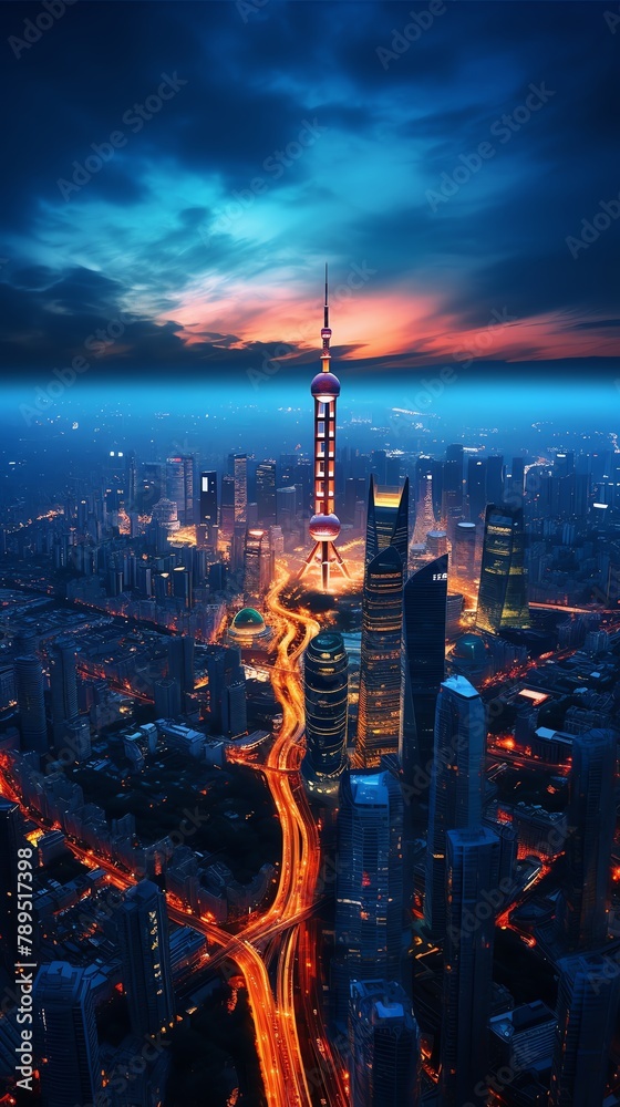 Fototapeta premium Aerial view of a sprawling city at dusk, showcasing glowing streets and illuminated skyscrapers, representing urban development and smart city technology