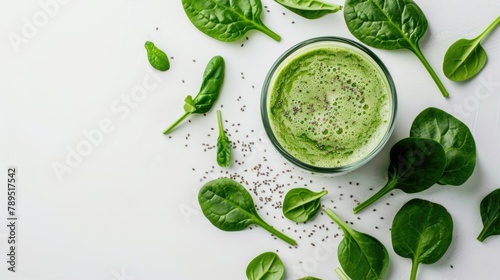 Fresh Spinach Smoothie in a Glass with Baby Spinach Leaves on White Background