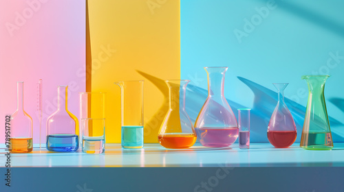 large laboratory glassware in different colors, photo