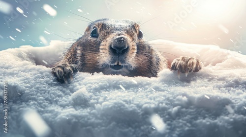 Groundhog Peaking Out of Snowy Hole. Cute Groundhog Emerging from Burrow. Happy Groundhog Day. photo
