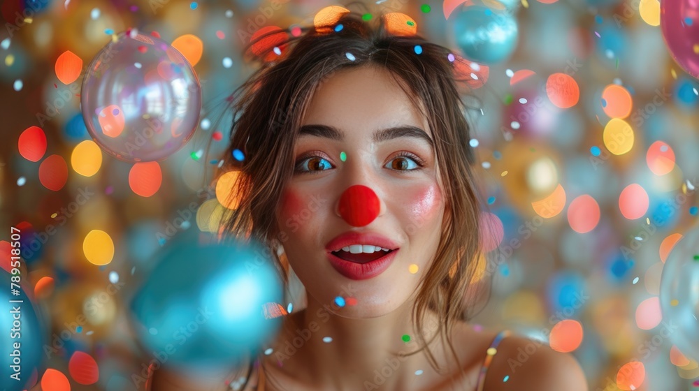 Joyful Young Woman Celebrating with Colorful Party Balloons and Lights Joyful Young Woman Celebrating with Colorful Party Balloons and Lights