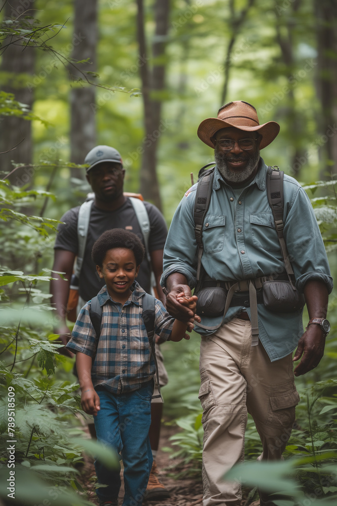 A man, boy and grandfather are walking in a forest. Family recreation concept