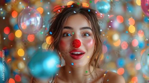 Joyful Young Woman Celebrating with Colorful Party Balloons and Lights