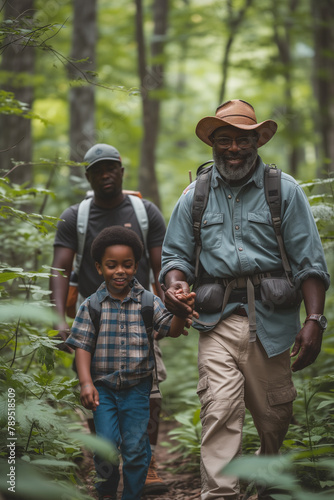 A man, boy and grandfather are walking in a forest. Family recreation concept