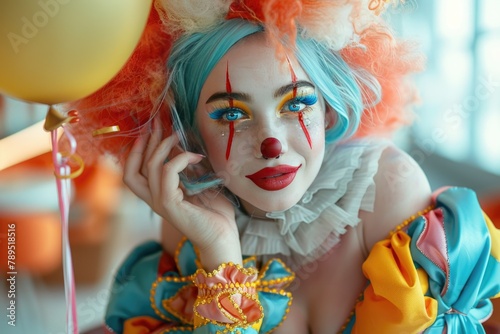Colorful Clown Woman with Balloons in Whimsical Costume