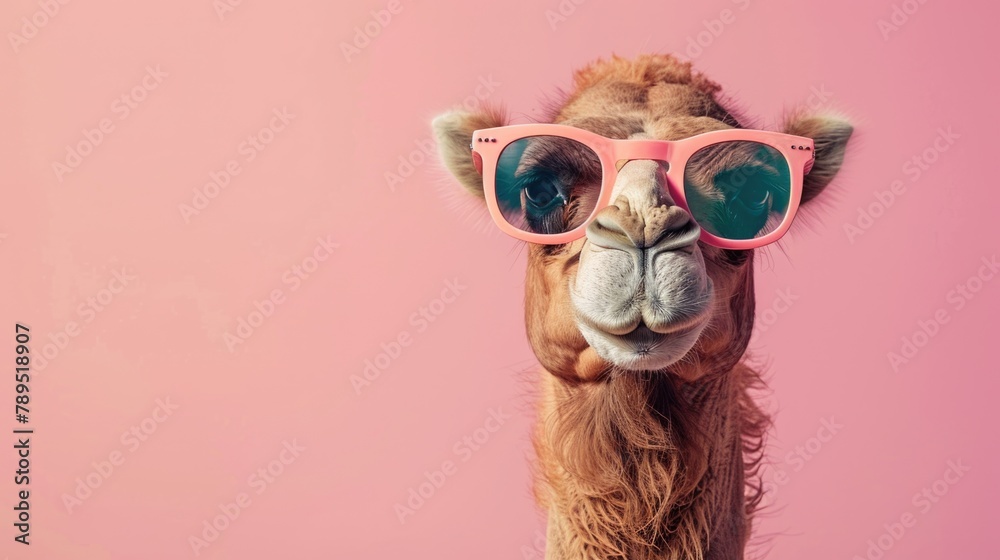 Cool Camel in Stylish Sunglasses on a Pink Background Cool Camel in Stylish Sunglasses on a Pink Background