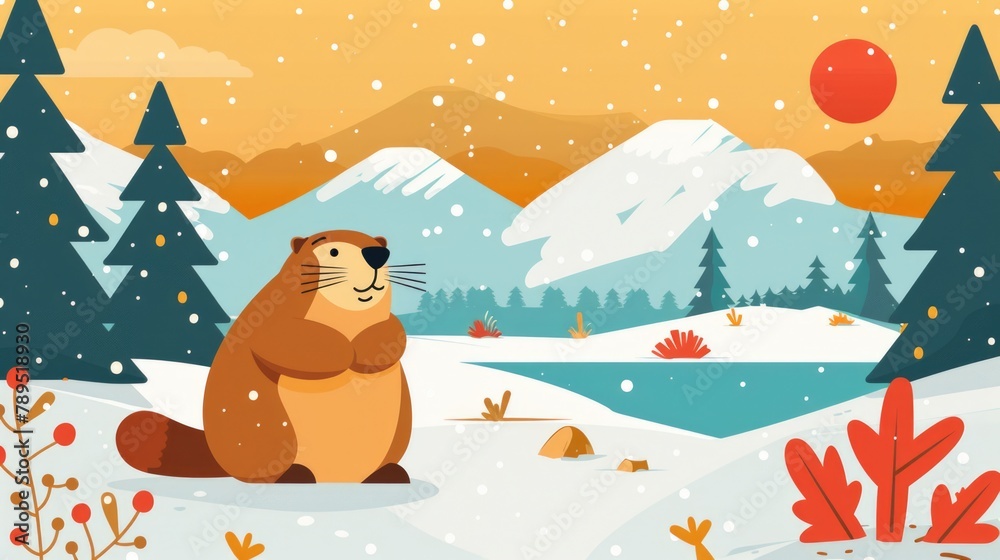 Winter Wonderland with Adorable Groundhog Illustration