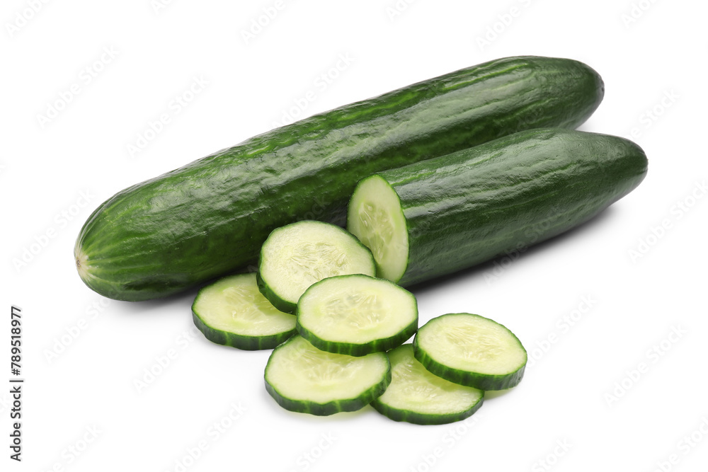 Whole and cut long cucumbers isolated on white Whole and cut long cucumbers isolated on white