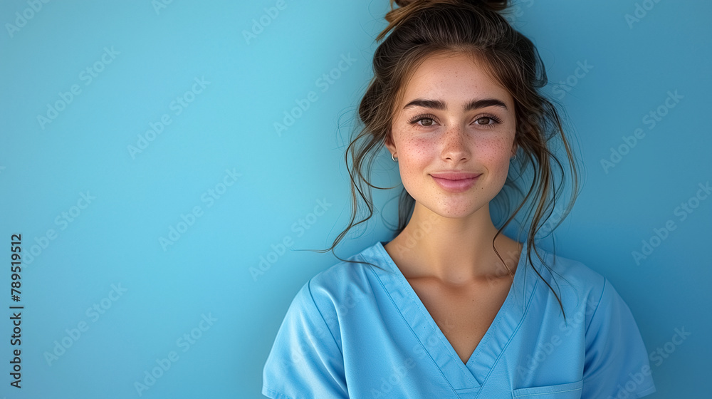Portrait of pretty brunette woman healthcare worker in blue scrubs next to blue wall in clinic. Portrait of pretty brunette woman healthcare worker in blue scrubs next to blue wall in clinic.