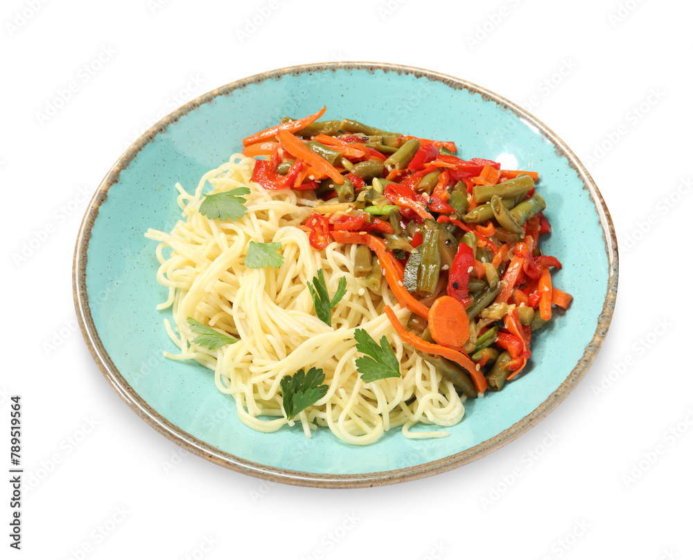 Vegetarian meal. Tasty pasta with vegetables isolated on white