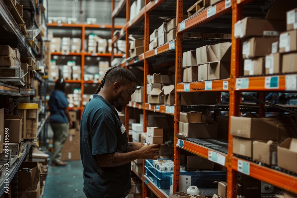 Worker in Warehouse Managing Inventory on Storage Shelves