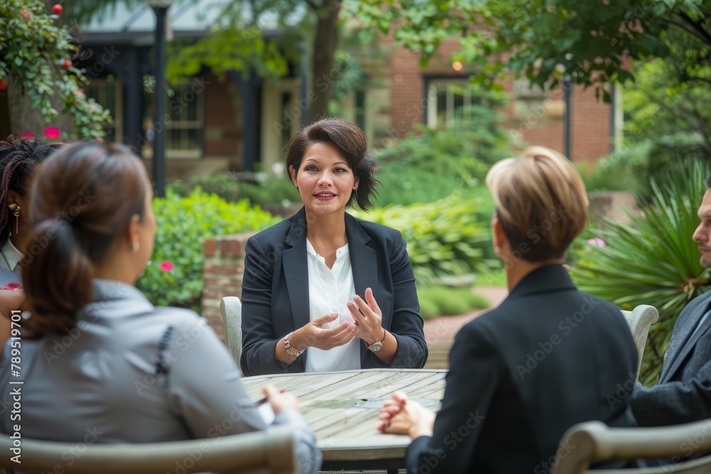 Businesswoman Leading Outdoor Team Meeting in a Lush Garden