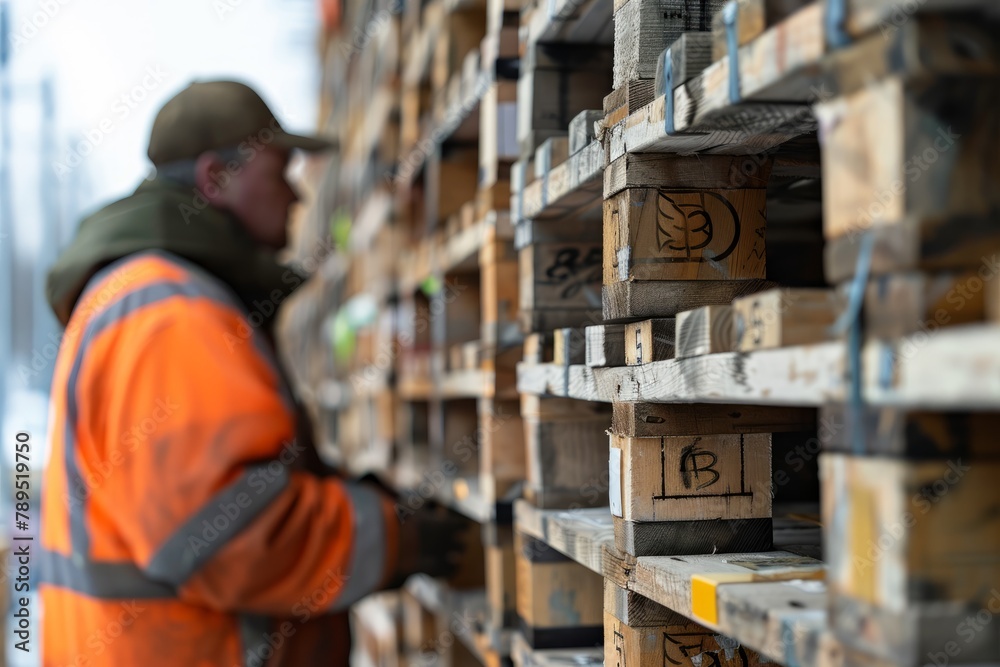 Logistics Employee Conducting Safety Checks on Warehouse Pallets
