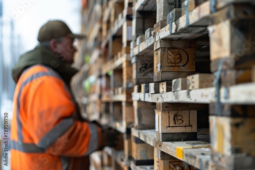 Logistics Employee Conducting Safety Checks on Warehouse Pallets