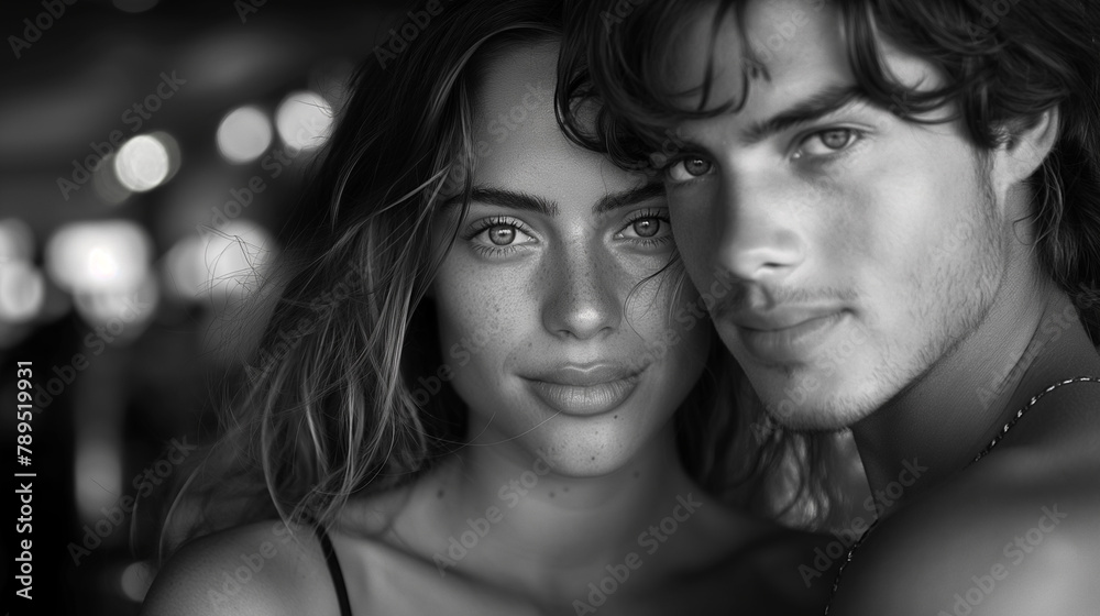 Fototapeta premium Close-up portrait of a young beautiful girl with a man boyfriend. Black and white photo.